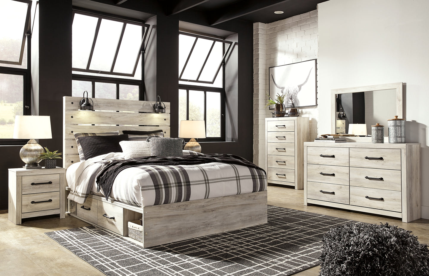 Cambeck  Panel Bed With 2 Storage Drawers With Mirrored Dresser, Chest And Nightstand