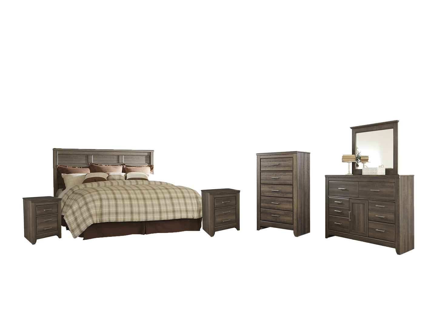 Juararo King/California King Panel Headboard with Mirrored Dresser, Chest and 2 Nightstands