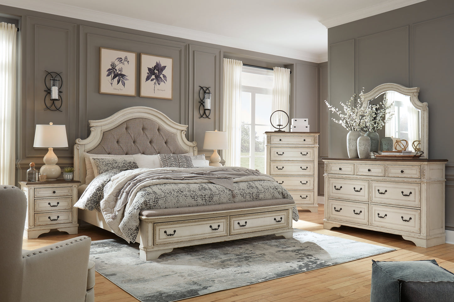 Realyn Queen Upholstered Bed with Mirrored Dresser and Chest