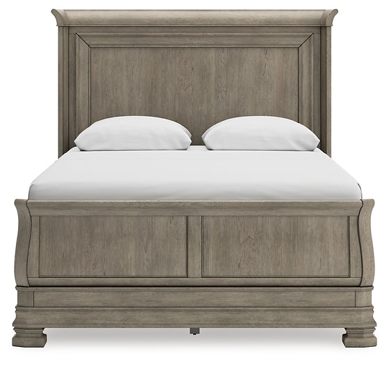 Lexorne Queen Sleigh Bed with Mirrored Dresser and Chest