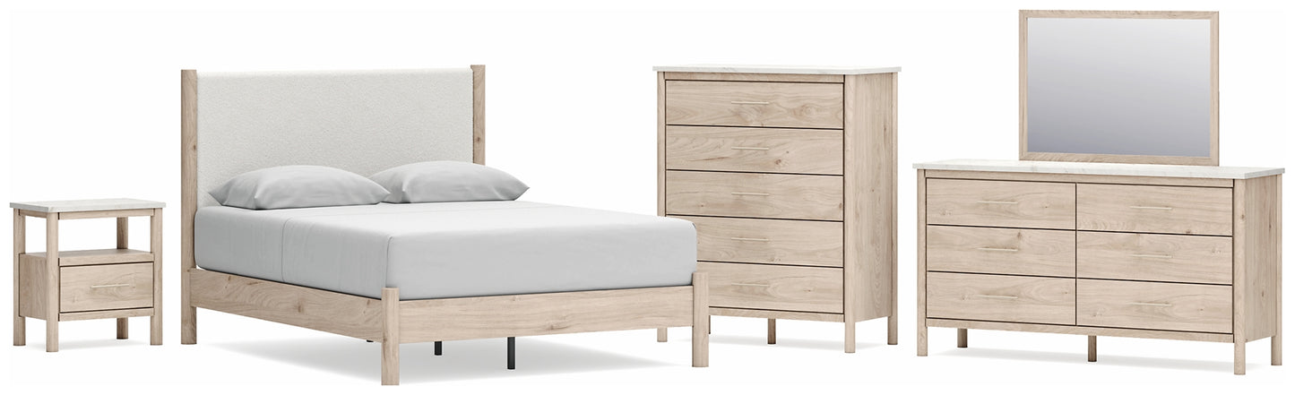 Cadmori Queen Upholstered Panel Bed with Mirrored Dresser, Chest and Nightstand