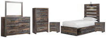 Load image into Gallery viewer, Drystan Twin Panel Bed with 4 Storage Drawers with Mirrored Dresser, Chest and 2 Nightstands
