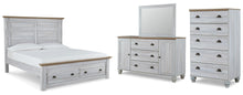 Load image into Gallery viewer, Haven Bay King Panel Storage Bed with Mirrored Dresser and Chest
